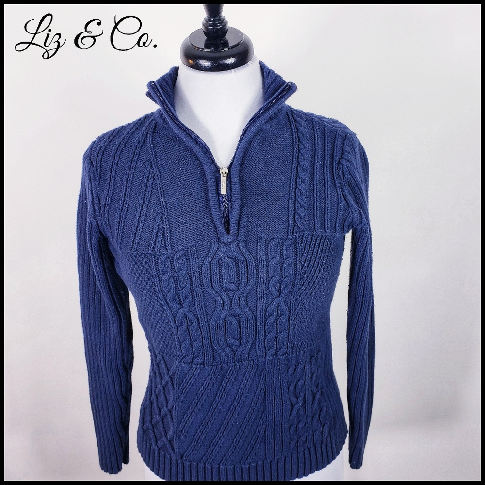 Liz & Co. Cable Knit Navy Blue Sweater, Size M